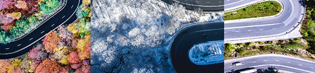 The image shows three aerial views of winding roads, each cutting through landscapes in different seasons marked by colorful autumn foliage, snowy winter trees, and bright green spring terrain.