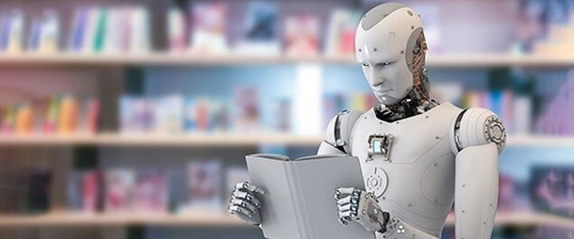 Robot reading a book in a library