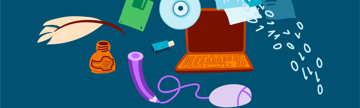 An illustrated scene showing a laptop surrounded by both vintage and modern writing tools, including a quill, ink bottle, floppy disk, CD, USB stick, mouse, and floating binary code, symbolizing the evolution of information and technology.